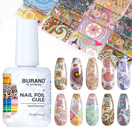 BURANO Transferfolie Nägel Nagelfolien, Nail Art Foil Kleber Folienkleber mit 10PCS Foliensticker,Transferfolie Nagelsticker 15ml 1 Flaschen Nail Art Klebetransfer (Popular Foil 12)