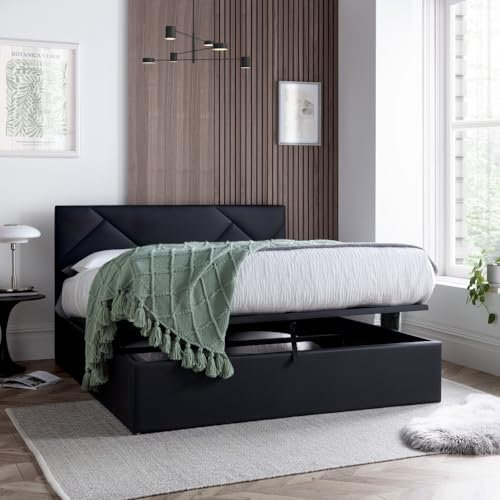 happybeds Black Leather Ottoman Bed, Chicago Lift Up Storage Bed (5ft King Size)