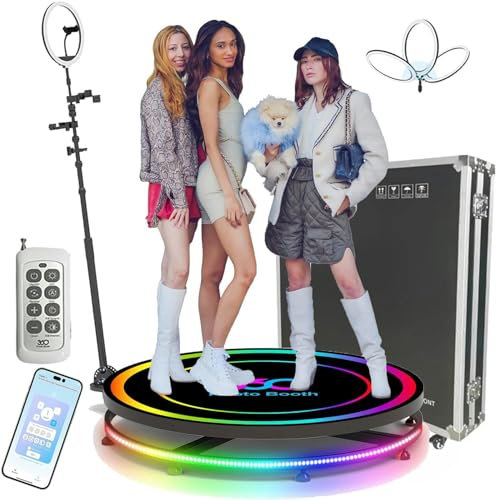 CNAOHGHN 360 Photo Booth Machine with Flight Case, 360 Camera Booth Selfie Platform with Adjustable Stand, Intelligent Remote+APP Control, 3 Colour Lighting Modes