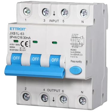 Interruttore Magnetotermico Differenziale Trifase 30mA, 3P+N 6KA 380V, Occupa 4 Moduli DIN, RCBO 3P+N 30mA C16 16A