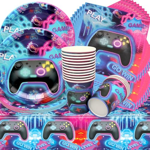 Vaisselle de Fête Anniversaire Jeu Vidéo,Doyomtoy 53 Pièces Vaisselle Papier Set Assiettes en Papier Serviettes Tasses pour Fête à Thème Jeu Vidéo Décorations Fête d'Anniversaire