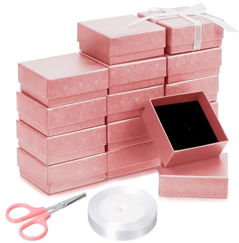 Mardatt 17Pcs Cardboard Jewelry Boxes Set, Square Jewelry Gift Boxes Velvet Sponge Liner Jewelry Case with Scissors and Polyester Ribbon for Necklace Earring Bracelet - 3 x 3 Inch, Pink
