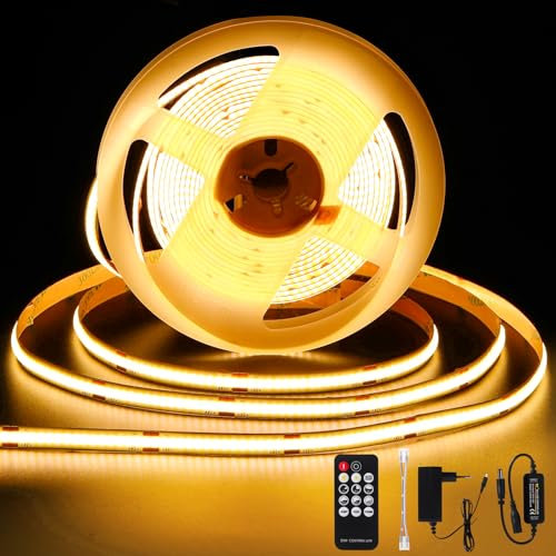 Amdelne 3000K COB LED Streifen 5M Dimmbares,LED Streifen 24V,COB LED Streifen Licht set 320LEDs/M, Mit netzteil und Fernbedienung 3960LM, CRI90+ für Schlafzimmer,Küche,Spiegel,Heimdekoration