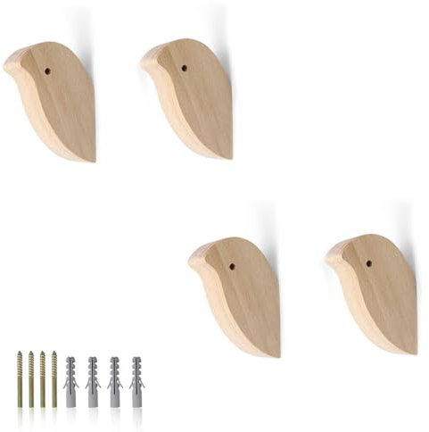 HJIAMA 4 Pièces Patères Individuellement Forme D'oiseau, Crochets Muraux Bois, Decorative Coat Hooks avec Montage Vis, Forte Capacité Charge, pour Suspendre Vêtements, Sacs, Serviettes
