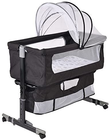 HUOLE Beistellbett Baby mit Aufbewahrungskorb, Einfach Zusammenklappbares Tragbares Kinderbett,Verstellbares Tragbares Bett für Säuglinge/Neugeborene, 92 * 58 * 70-90cm-schwarz