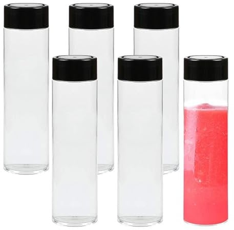 LoNinLoAn 6Pcs 350ml Empty Plastic Juice Bottles With Black Lids, Clear Reusable Sensory Smoothie PET Bottles for Homemade Drinks and Milk