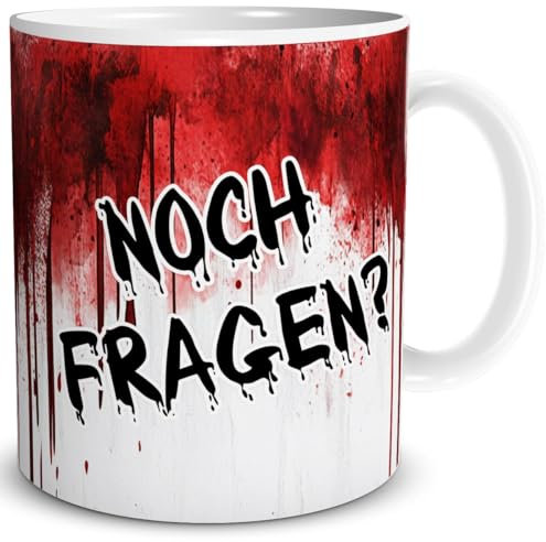 TRIOSK Tasse Blut Rausch mit Spruch Noch Fragen Horror Sprüche Halloween Geschenk gruselig lustig für Arbeit Büro Kollegen Männer Frauen, Keramik 300ml