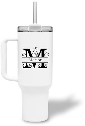Thermobecher personalisiert Monogramm Vintage-Motiv - Trinkbecher mit Deckel und Strohhalm 1,2 l / 40 oz - personalisiertes Geschenk zum Geburtstag oder Weihnachten