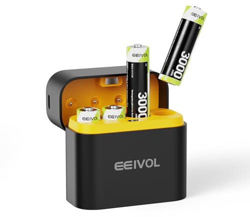GREENOE Wiederaufladbare Lithium Akkus AA 4-Pack mit Ladegerät, 3000mWh Hohe Kapazität 1.5V AA Batterien, Lang anhaltende wiederaufladbare AA Li-ion Batterie mit Integrierter Charing Aufbewahrungsbox