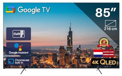 TEEVIEW Google Smart TV | QLED 4K UHD | 85/216cm | Frameless Design | Tripple Tuner DVB-T/T2/S/S2/C | HDMI x3, USB x2, CI+ | Sprachsteuerung & Streaming-Apps | In Eindhoven montiert | TV85QQG-EU
