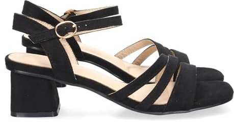 shoes&blues.es 90487 Sandalia de Tacon para Mujer, Comoda, Triple Pala Fina, Estampado Brillante, y Cierre de Hebilla en el Tobillo Negro Talla 37