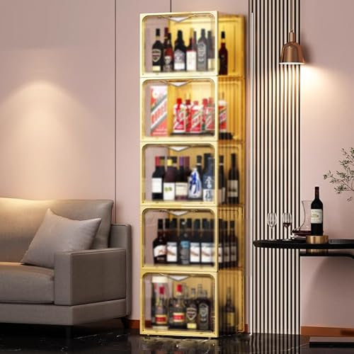 Acryl Vitrine Schaukasten Weinschrank Lagerschrank mit Starker Magnetischer Selbstansaugtür Platz Sparen Starke Tragfähigkeit für Sammlerstücke Bücher Wein(Gold,35x30x150cm)