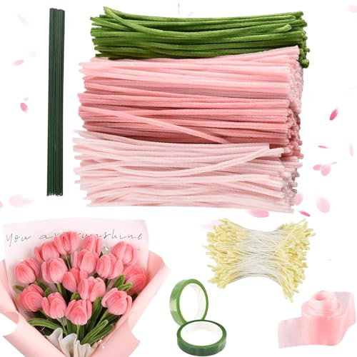 Limpiapipas Flores, 300pcs Flores Juego de Limpiador de Pipas, 4 Colores, Ramo de Flores de Limpiador de Tubos, Pipas Alambre de Chenilla, Tulip Bouquet Pipe Cleaner Set, con Tallos de Flores Cinta