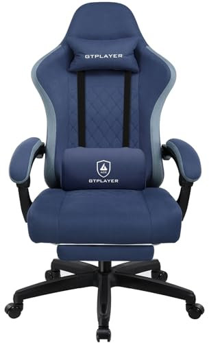 LUCKRACER Gaming Stuhl aus Stoff, Computer Bürostuhl mit Fußstütze, Racing Gamer Stuhl 150kg Belastbarkeit, 90-135° Rückenlehne einstellbar Ergonomischer PC Stuhl, 360° drehbar, Dunkelblau
