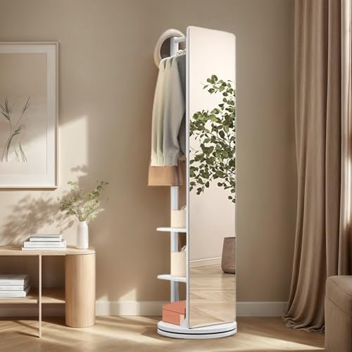 Drehbare Ganzkörperspiegel Kleiderbügelhaken, 360 ° drehbarer Ganzkörperspiegel aus Massivholz mit Garderobe, 2-in-1-Standspiegel mit Kleiderständer, für Wohnzimmer Schlafzimmer Garderobe