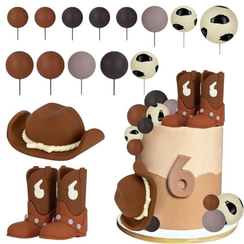 Cowboy Tortendeko Geburtstag, Cowboy Hat Boot Cake Toppers, West Cowboy Geburtstagsdeko, Kuchen Dekoration Kugel, Tortendeko Kugeln Cake Topper, für Geburtstag, Babyparty, Hochzeit (Braun)