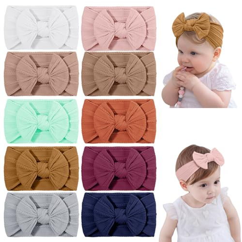 DiULi Baby Stirnbänder, 10 Stück Baby Turban Stirnband mit Bögen, Elastische Haarbänder für Neugeborene, Kleinkinder, Super Weiche