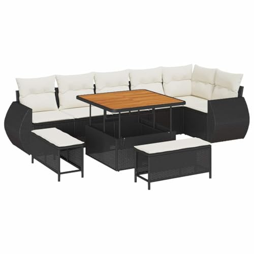 vidaXL 9-teiliges Garten-Sofa-Set mit Kissen in Schwarz aus Poly Rattan und Creme - Bequeme Möbel für die Terrasse, Lounge oder den Garten, wetterfeste Kissenliege