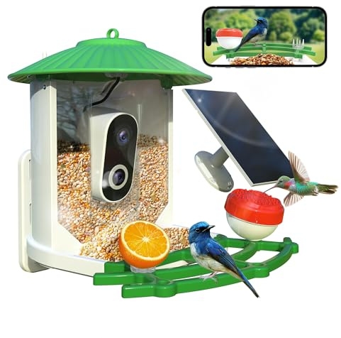 SkyPix Vogelfutterstation mit Kamera, 2K HD AI Smart Identify BirdSpecies Videokamera mit Solarpanel für den Außenbereich, Vogelhaus mit Kamera, sofortige Ankunftswarnungen, Vogelvideo erfassen