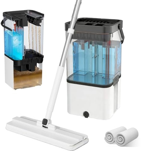 Clean and Dirty Water Separates Flat Mop and Bucket Set, Revolutionary Flat Mop System with2 Reusable Microfiber Pad, Saving Water for Hardwood Laminate Tile Floors Cleaning