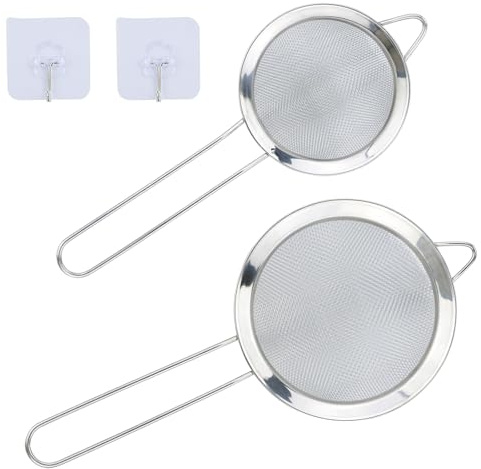 2 coladores cónicos de acero inoxidable, con ganchos de cocina, 8 cm/12 cm de diámetro, pequeños tamices de acero inoxidable con asas,ideal para jugos, huevos y té