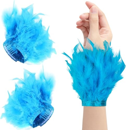 2 Stück Blaue Federn-Handgelenkmanschette für Frauen, niedliche modische Federn-Manschetten, Cosplay-Armband, Armwärmer für Party, Halloween-Kostüm