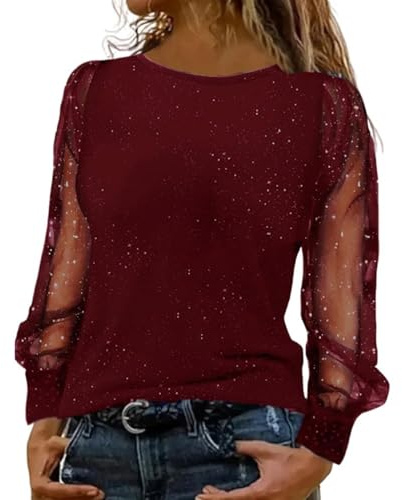 Glitzer Oberteile Damen Party Langarm Festliche Pailletten Shirt Schwarz Weihnachtsbluse Elegant Sexy Bluse Silvester Outfit Modern Mesh Pullover Große Größen Herbst Winter