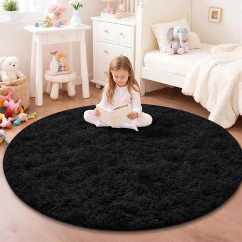 JOYARR Rundteppich für Kinderzimmer Schlafzimmer Wohnzimmer Spielzimmer, Flauschig Waschbar rutschfest Moderner Teppich, Schwarz, 140 cm