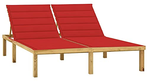 Teenpull Doppel-Sonnenliege Kiefer Imprägniert, 200x138cm, mit Roten Auflagen, verstellbare Rückenlehne, langlebiges Holz für Garten und Terrasse, 2 Personen