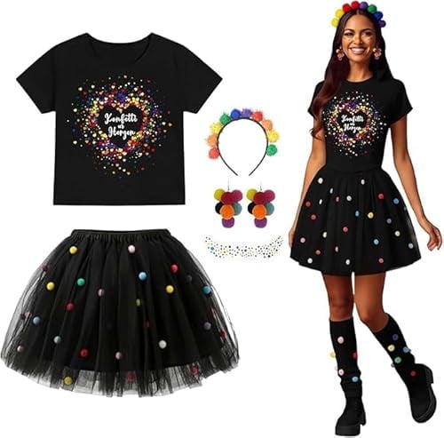 Konfetti Kostüm Damen, Konfetti im Herzen Fasching Karneval Konfettis Kostüm Outfit T-Shirt, Weiß Damen Tüllrock, Haarreif Mit Pompoms Bunt, Ohrringe, Aufkleber, Konfettis Tüllrock Karneval Kostüme
