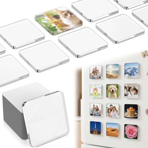 20 Pack Clear Acrylic DIY Fridge Magnet Set, 5x5x0.4cm Decorative Refrigerator Magnet with Adhesive Backing, Blank Photo Frame Insert Fridge Magnets for Kitchen Classroom Office Decoration