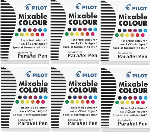 6 BOXES: Pilot Parallel Pen Ink Refills for Calligraphy Pens, Assorted Colors, 12 Cartridges per Pack (77312)