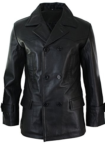 Mens Real Leather 3/4 Double Breasted Pea Coat Sherlock Sailor Classic