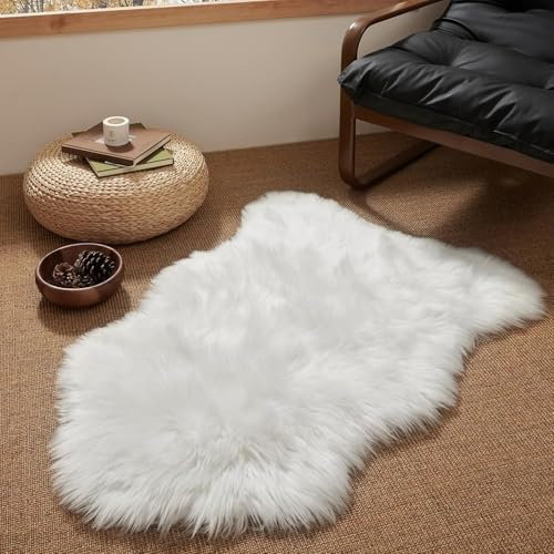 HLZDH Tapis en Peau de Mouton synthétique,Cozy Sensation comme véritable Laine Tapis en Fourrure synthétique, Man-Made Luxe Laine Tapis de Canapé Coussin (90 X60 CM, Blanc)