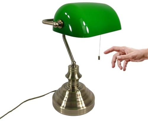 Dapo Tischleuchte Bankerslamp mit Zugschalter E27 (Höhe ca 37,5cm) Bankerlampe grün Schreibtischleuchte antik messing Schirm grün Arbeits-Nachttisch-Tischlampe-Leuchte antik retro Nostalgie
