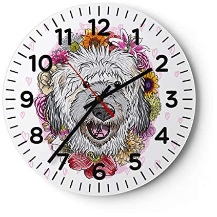 Modern Wanduhr Hund Blumen Kinder exotische 40x40cm Rund Groß Wand Uhr Glas Analog Zimmeruhren Küche Büro Wohnzimmer Glasuhr Wall Clock Dekoration Design Wanddekoration Küchenuhr C4AR40x40-3146
