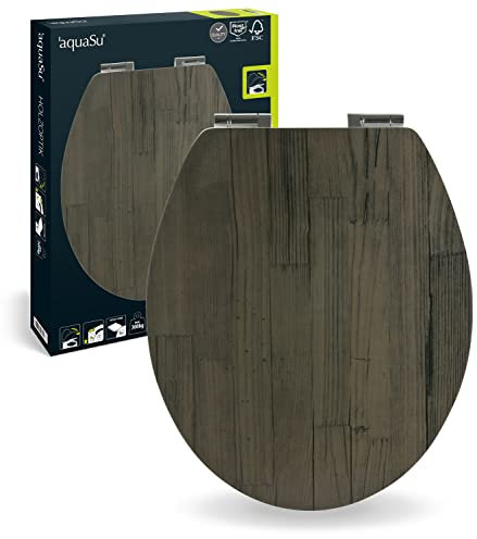 SITZPLATZ WC-Sitz mit Absenkautomatik, Holz Dekor Holz-Optik Anthrazit, Toilettensitz mit Holzkern, universale O Form, mit Schnellbefestigung, Metallscharniere, ovaler Toilettendeckel Holz, 40394 8