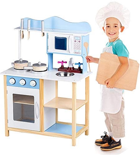 BAKAJI Cucina in Legno Giocattolo per Bambini con Lavello in Acciaio 2 Fornelli Forno Apribile e Microonde Chiusure Magnetiche Pentole Padelle e Accessori Gioco 60 x 30 x 90 cm (Blu)