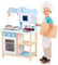 BAKAJI Cucina in Legno Giocattolo per Bambini con Lavello in Acciaio 2 Fornelli Forno Apribile e Microonde Chiusure Magnetiche Pentole Padelle e Accessori Gioco 60 x 30 x 90 cm (Blu)