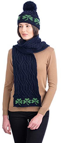 SAOL Kleeblatt Strickmütze für Damen Mütze aus 100% Merinowolle Gestrickte Wollmütze in Natur/Marine/Grün (Marine)