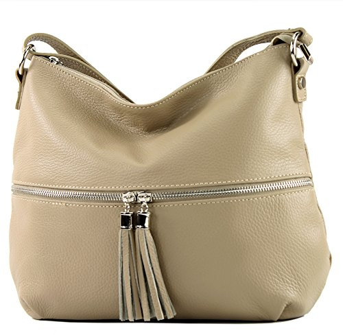 modamoda de T159 Damen Leder Umhängetasche Schultertasche Medium handmade in Italy, Farbe:Graubeige