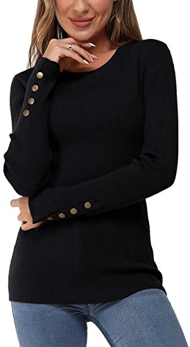 Newshows Long Sleeve Tops for Women UK Ladies Jumpers Button Solid Crew Neck Lightweight Knit Pullover Sweater Black,L