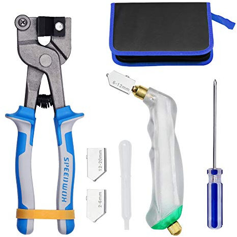 SPEEDWOX 8PCS Mosaic Making Kit Heavy Duty 8 Inch Glass Tile Nippers Pistol Grip Oil Feed Glass Cutter Set with 3 Size Cutter Head Oil Dropper Screwdriver Leather Zipper Bag