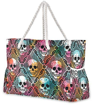 Mnsruu Reise-Strandtasche, bunte Totenkopf, große Schultertasche, Strandtasche, Baumwollseilgriffe, Tragetasche für Frauen