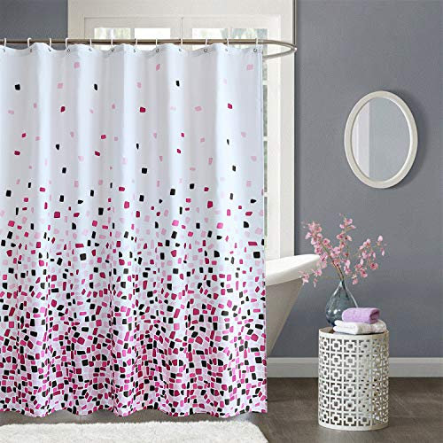 Trimming Shop Shower Curtain Polyester Fabric Bathroom Curtain Mould & Mildew Resistant With 12 Curtain Hook Waterproof Bath Curtain 180 x 200cm Long Shower Curtain Liner Washable, Mosaic Black