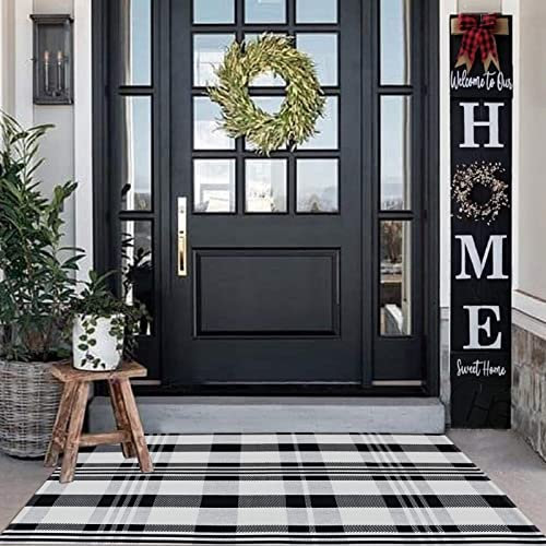Buffalo Plaid Outdoor Teppich Schwarz und Weiß Teppich 90 x 150 cm Baumwolle handgewebt kariert Front Willkommen Türmatte Indoor/Outdoor Bereich Teppich für Veranda, Küche, Eingang, Wohnzimmer