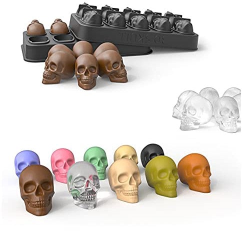 Holzsammlung 3D Totenkopf Eiswürfelformer mit Deckel, Silikon Eiswürfelformer, Gefrierfach für Gin Whisky, Scotch, Cocktail und Likörgläser, Backform, Gelee, Mousse Cake, Halloween Party