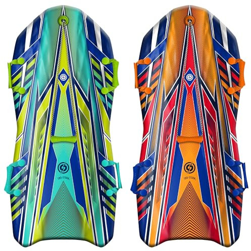 SnoStorm Schneeschlitten aus hochwertigem Schaumstoff, 2 Stück, hochwertiger Schaumstoff, FreizeitSchneeschlitten | Abschleppseil und Griffe | Größe für Jugendliche und Erwachsene | konturiertes