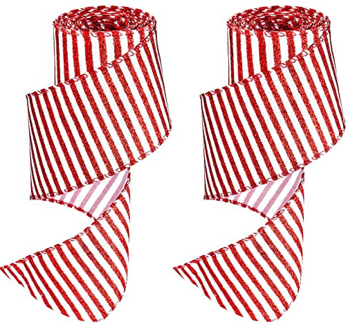 2 Rollen 2,5 Zoll x 6 Yards Rot und Weiß Weihnachtsband mit Drahtkanten DIY Basteln Band für Weihnachtsbaum Dekorationen Kranz Schleifen Verpackung Zubehör (Vertikaler Streifen)