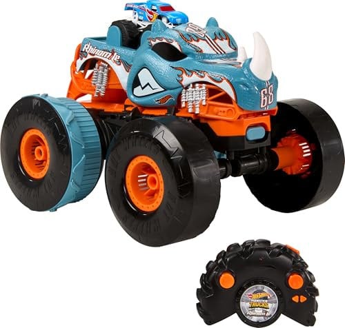 Hot Wheels Monster Trucks Remote Control Car, HW Transforming Rhinomite in 1:12 Scale with 1:64 Scale Race Ace Toy Truck, Converts into Launcher, Connects to Orange Track, HPK27